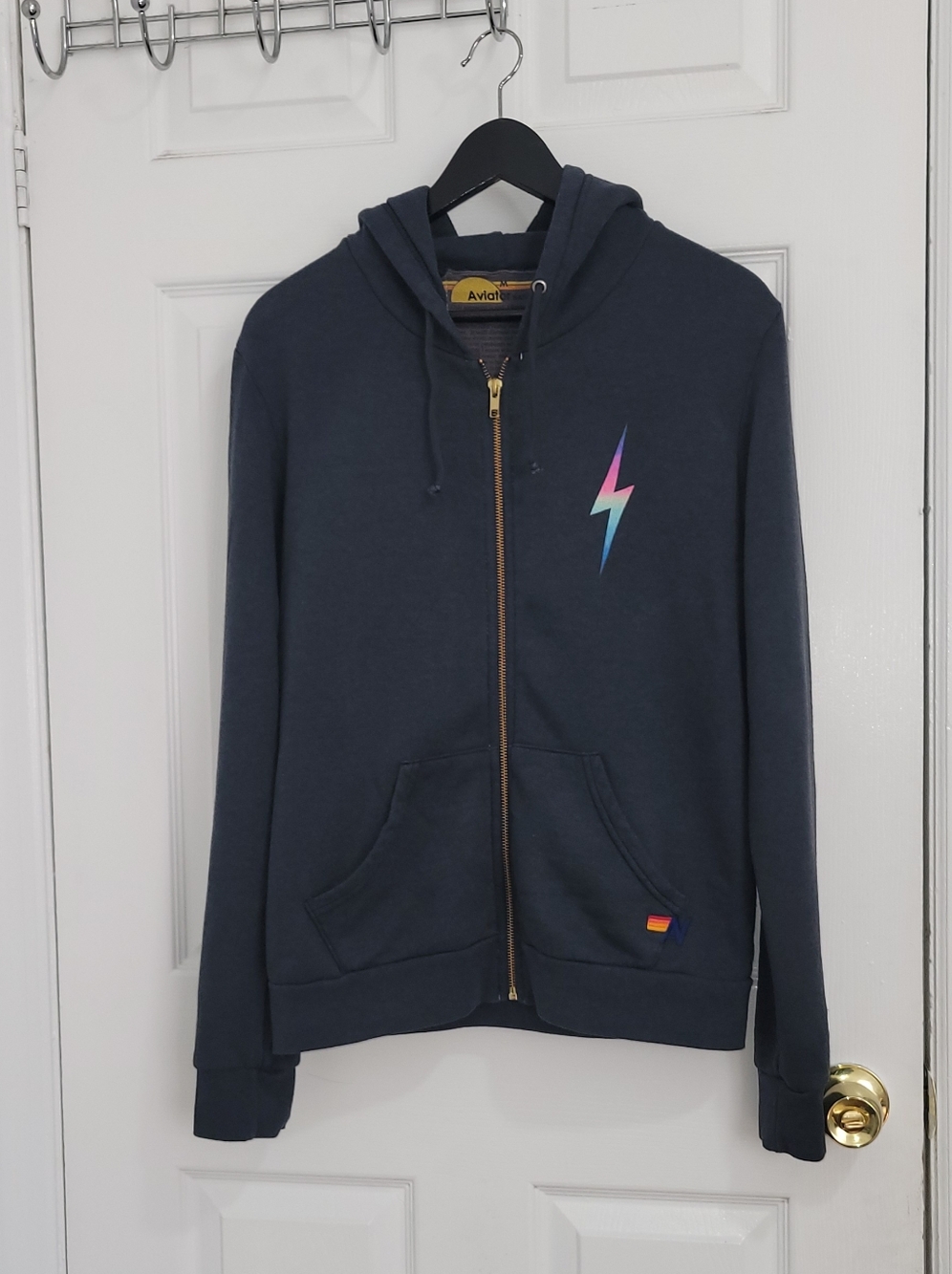 Aviator Nation Navy Zip Hoodie with Rainbow Lightning Bolt - Picture 2 of 8